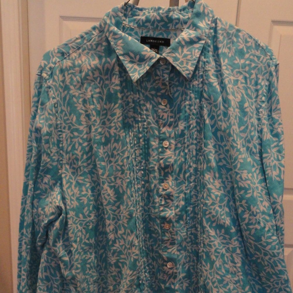 Linen Lands End Turquoise Blouse